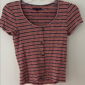 American Eagle Outfitters Pink and Black Ribbed Crop Button Down